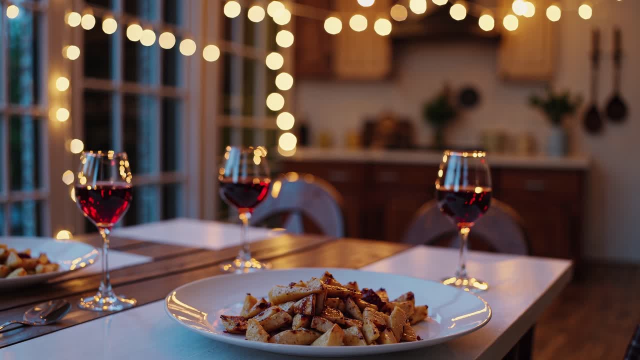 로맨틱한 저녁 식사, 긴 감자, 와인