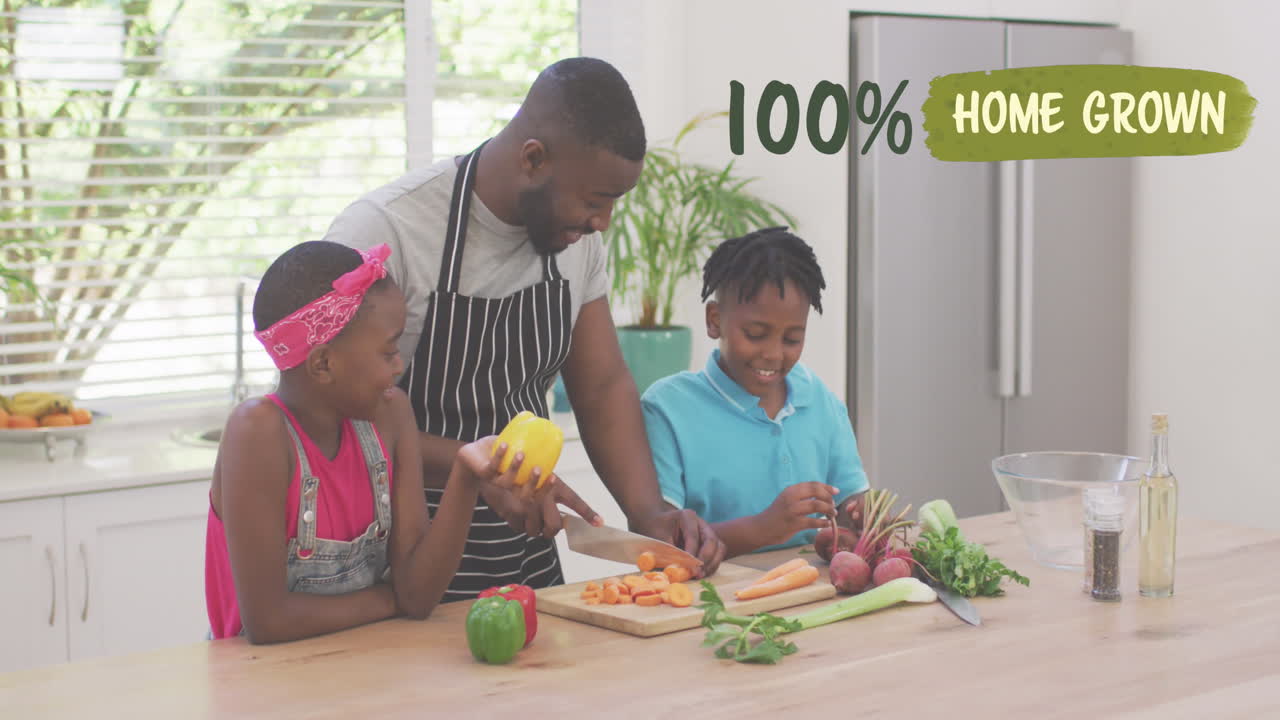 Animation of home grown text over african american man with children preparing food in kitchen