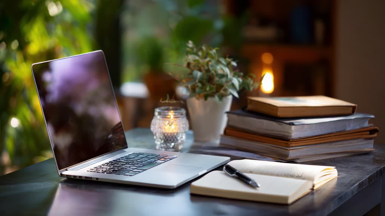 Uno spazio di lavoro elegante e invitante con un laptop, un blocco note e libri circondato da una vegetazione lussureggiante, perfetto per l'ispirazione creativa e la produttività mirata