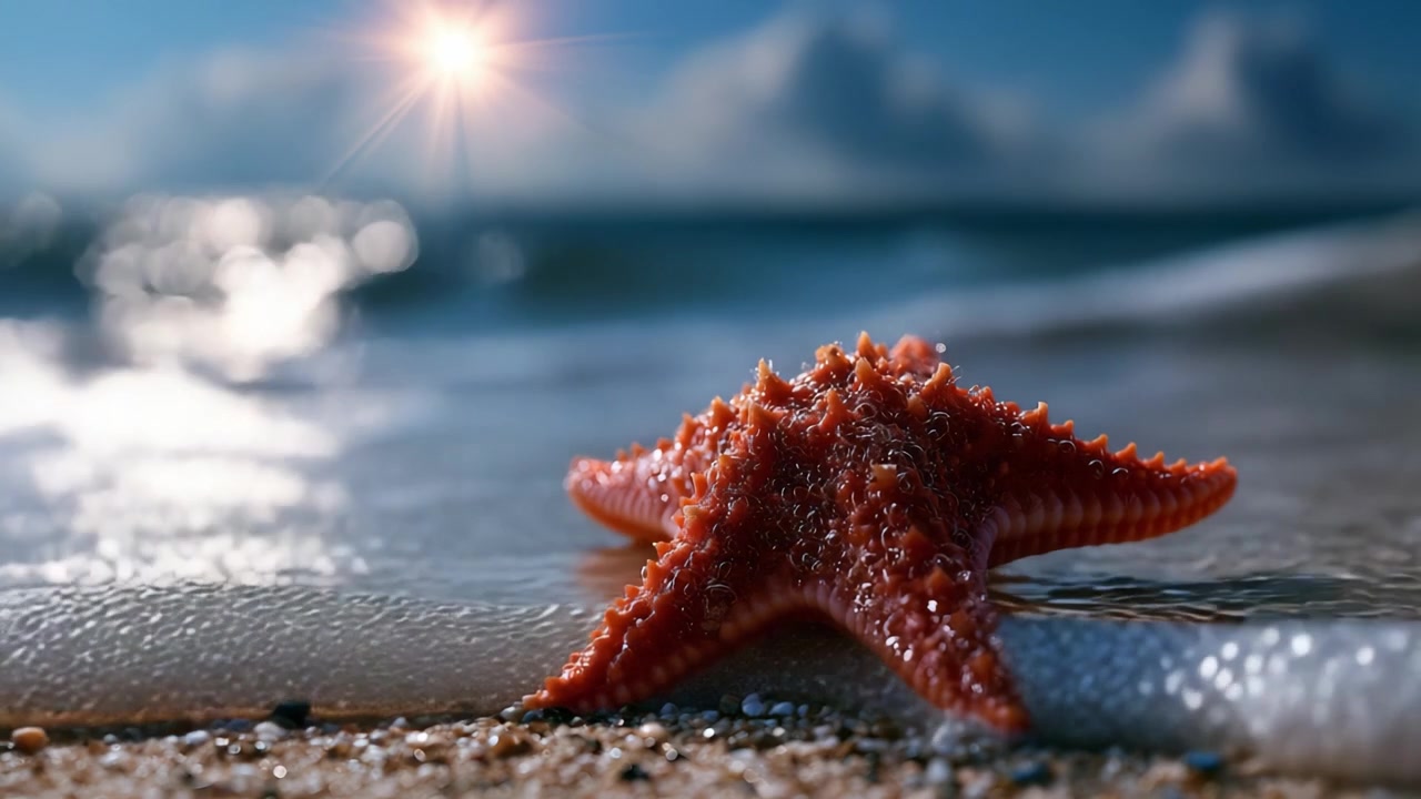 A Vibrant Starfish Adorned with Morning Dew Glimmers on the Sandy Shoreline, Illuminated by a Warm Sun Over the Calm Ocean Waves in a Serene Coastal Landscape