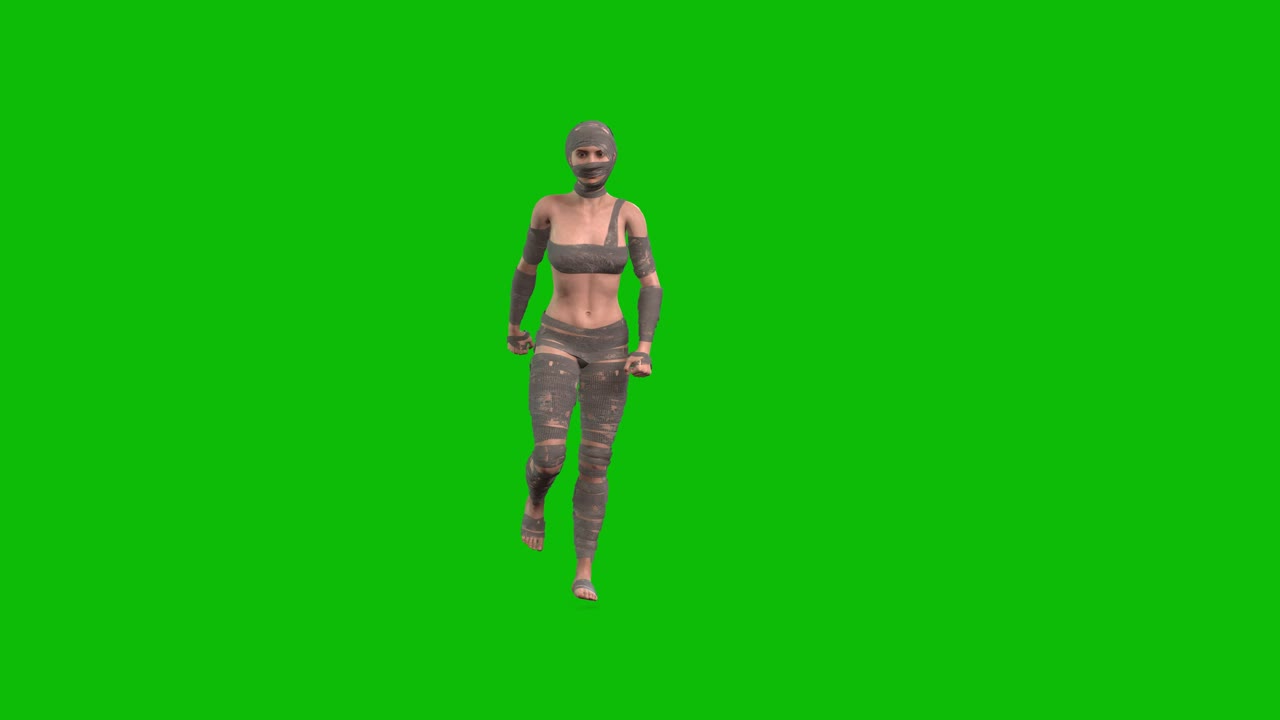 3D female character, woman dressed with mummy bandages dancing shuffle style 2 on green screen, loop 3D animation,