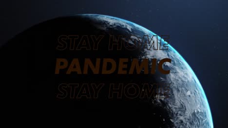 rote streifen gegen stay-at-home und pandemie-text über den globus auf blauem hintergrund