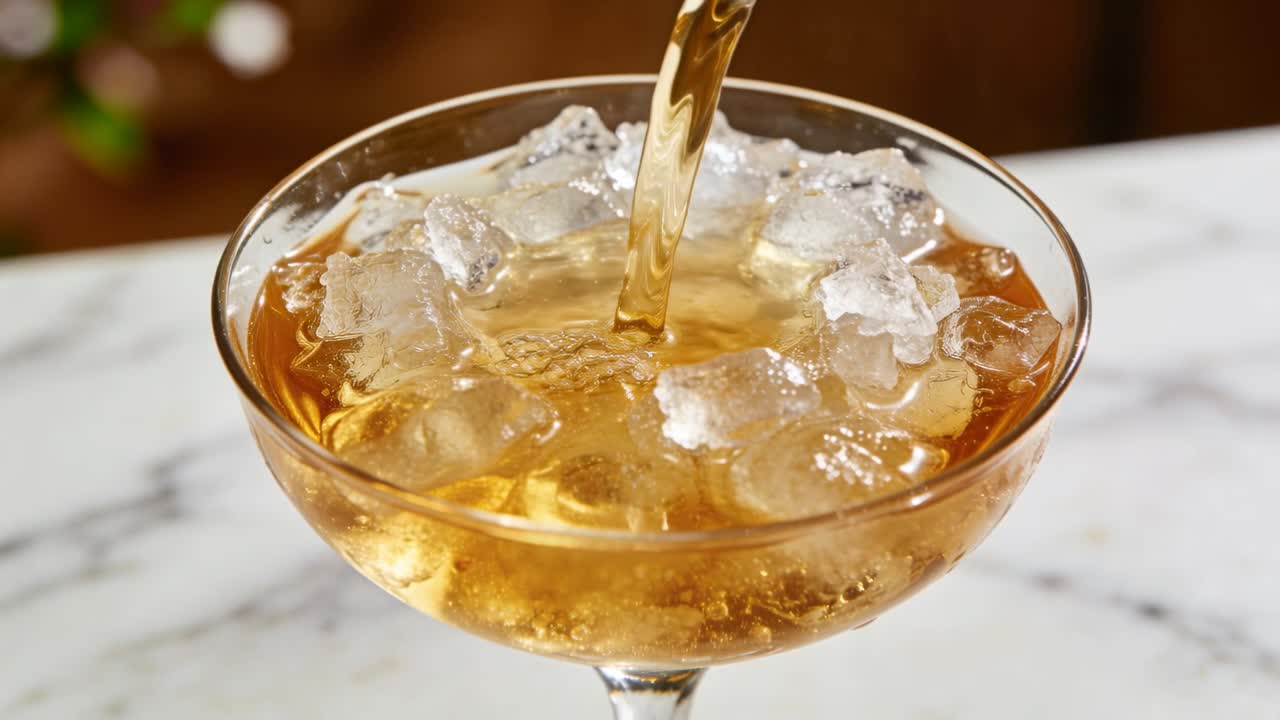 Vipper en flaske og heller ravfarget væske i et coupe-glass på en marmorbar, dytter til klar is og fyller glasset.