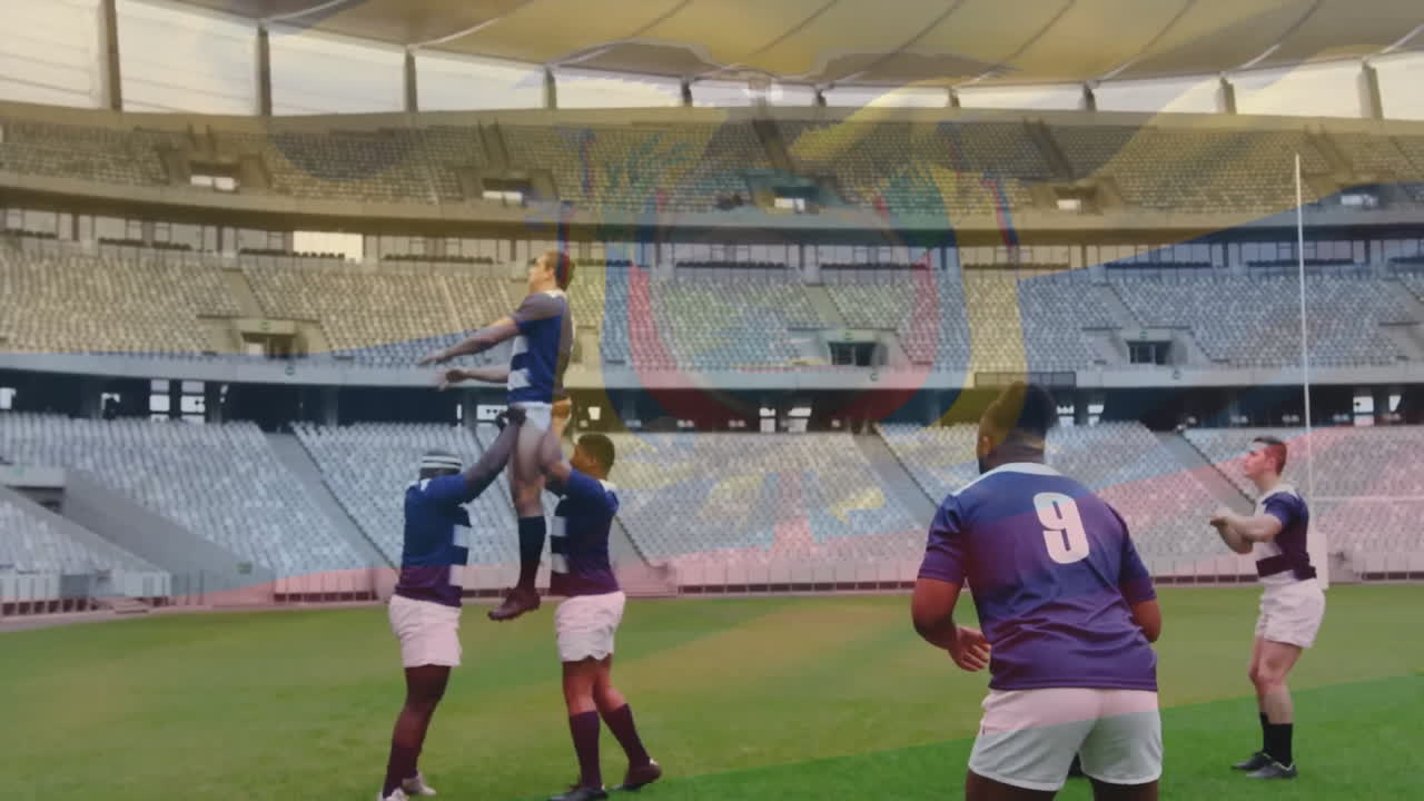 animación de la bandera de ecuador sobre diversos jugadores de rugby masculinos jugando en el estadio