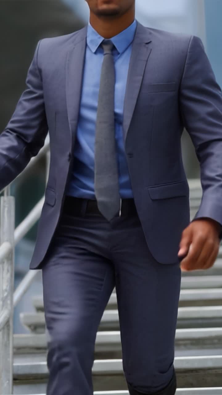 Una persona segura de sí misma con atuendo formal sube escaleras con determinación, mostrando aplomo y resiliencia, encarnando el espíritu de superación de desafíos y discapacidades