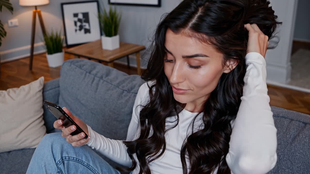 mujer en el sofá usando teléfono móvil