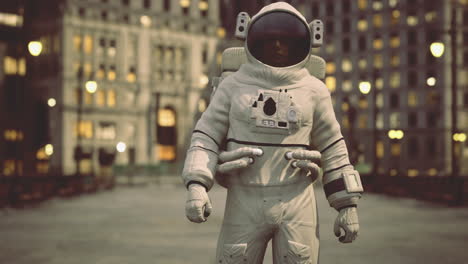 astronaut standing in an urban environment at dusk with city lights