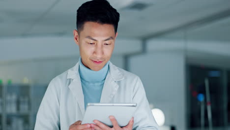 scientist, man and tablet for laboratory research