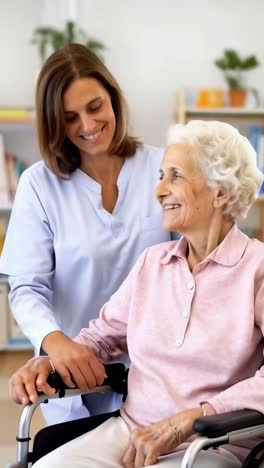 a woman in a blue shirt is helping an elderly woman in a wheelchair
