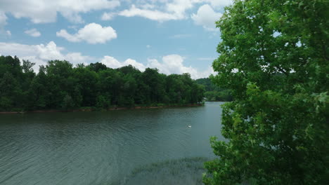 Serene-Scenery-Of-River-In-Mousetail-Landing-State-Park,-Linden,-Tennessee,-USA---aerial-drone-shot