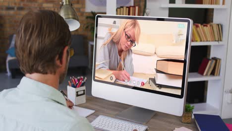 caucasian male teacher using computer on video call with female student