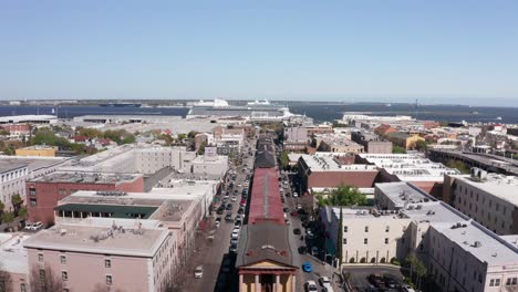 aerial descending close-up shot of the historic city market in charleston, south carolina