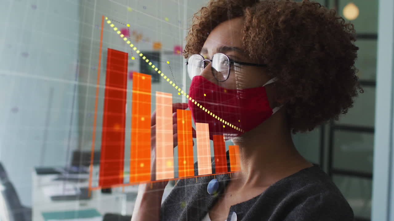 animación de las estadísticas de covid-19 y el procesamiento de datos sobre la mujer en máscara rápida en la oficina