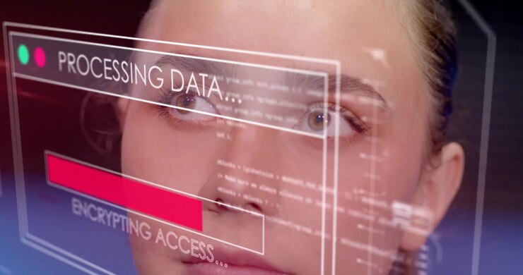 Startup tech UI animating overlays on woman displaying progress bar updating during processing