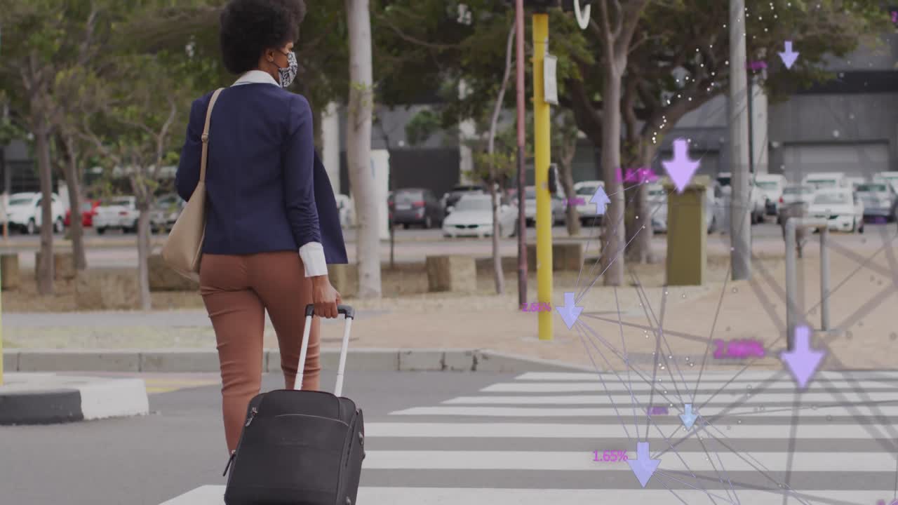 animación de conexiones y datos comerciales sobre la mujer afroamericana en la ciudad