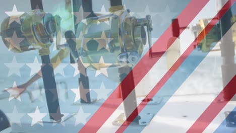 american flag design pattern and multiple stars against close up of fishing rods in background