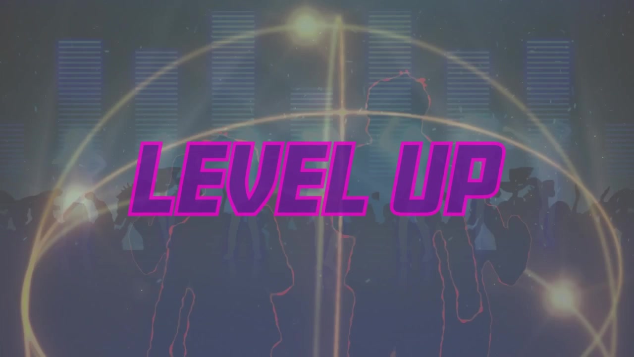 Animated Level Up Text Overlay with Dancing Crowd Silhouette
