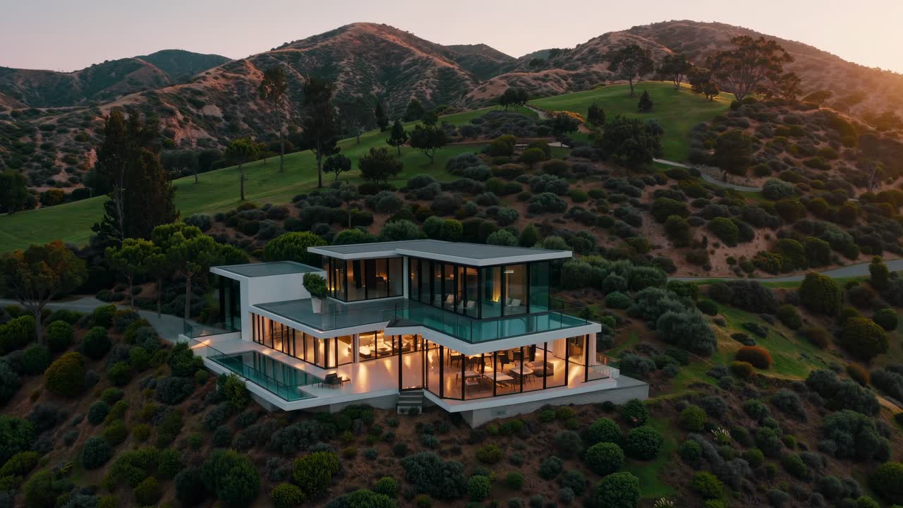 Stunning aerial view of a contemporary hillside home with infinity pool, showcasing upscale living amidst a picturesque golf course landscape during a vibrant sunset in California