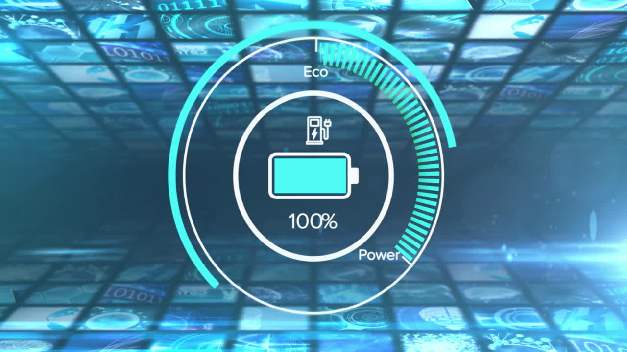 Charging animation on digital screens showcasing various technological visuals
