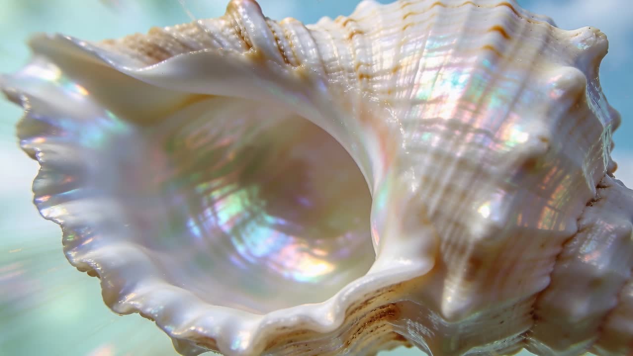 Shifting camera revealing pearlescent conch shell in studio macro setup, rippling nacre reflections