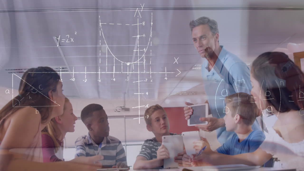 Animation of mathematical equations over male teacher and school children using tablets in classroom