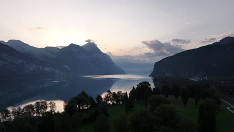 lake walensee at an amazing sunset in the mountains