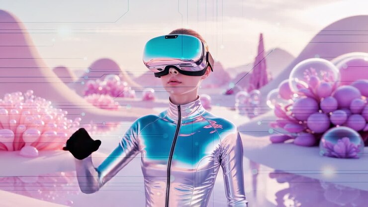 Persona con visore VR che esplora un mondo futuristico di realtà virtuale