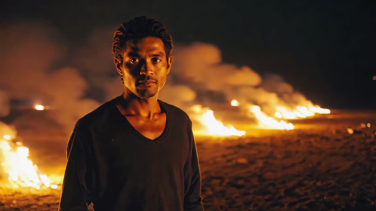 Man standing in front of burning flames at night