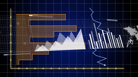 graphs and charts animation over grid background with world map