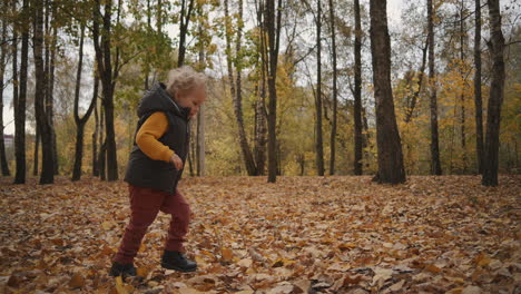 caucasian light-haired child is running in forest at autumn day having fun and touching tree happy childhood