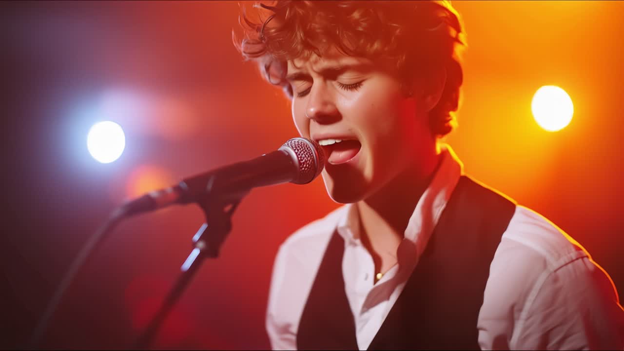 Young Man Singing Passionately into Microphone on Stage with Dramatic Lighting