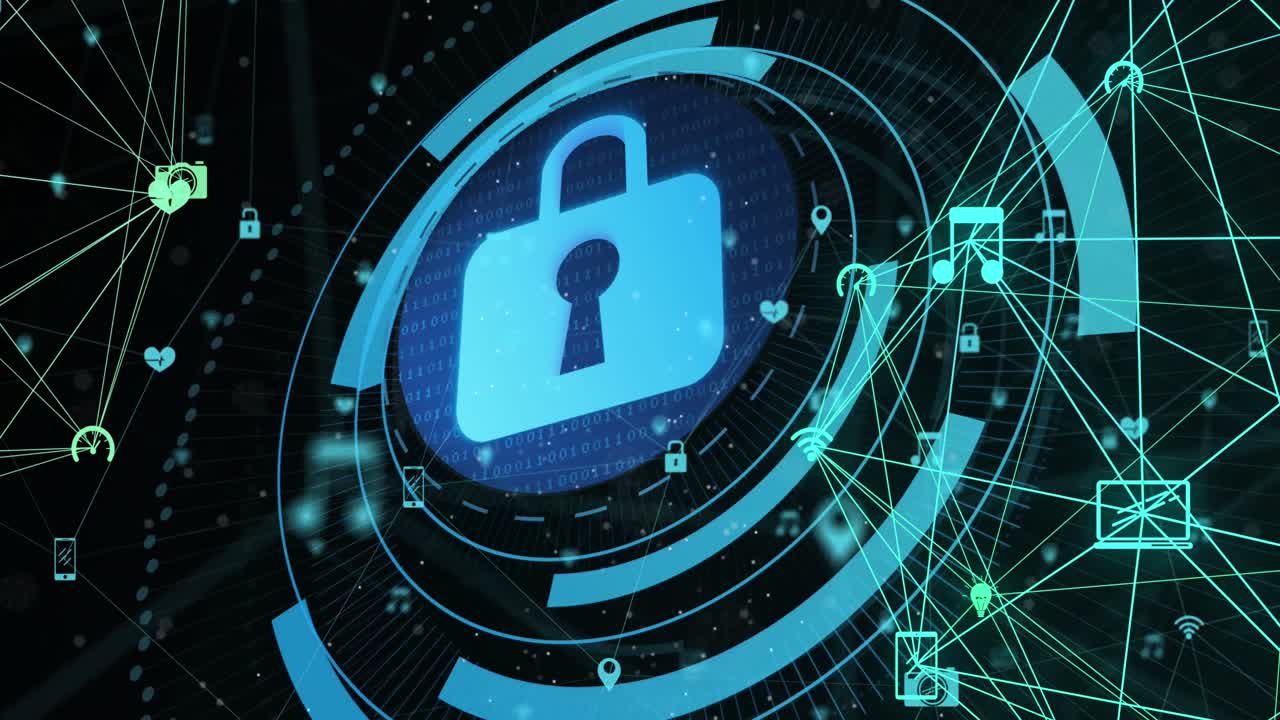 animación de escaneo de alcance con icono de candado sobre redes de conexiones sobre fondo negro