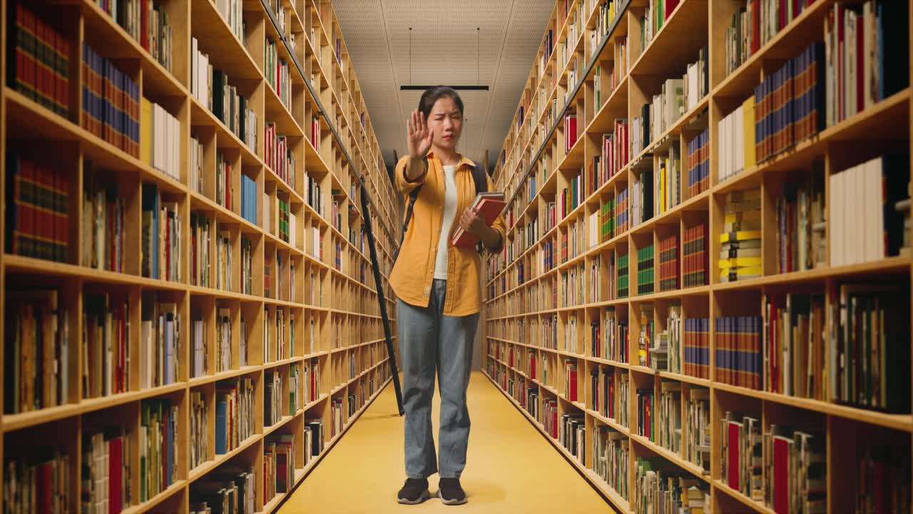 cuerpo lleno de estudiante mujer asiática con una mochila y algunos libros sacudiendo la cabeza y desaprobando sin señal de mano mientras estaba de pie en la biblioteca