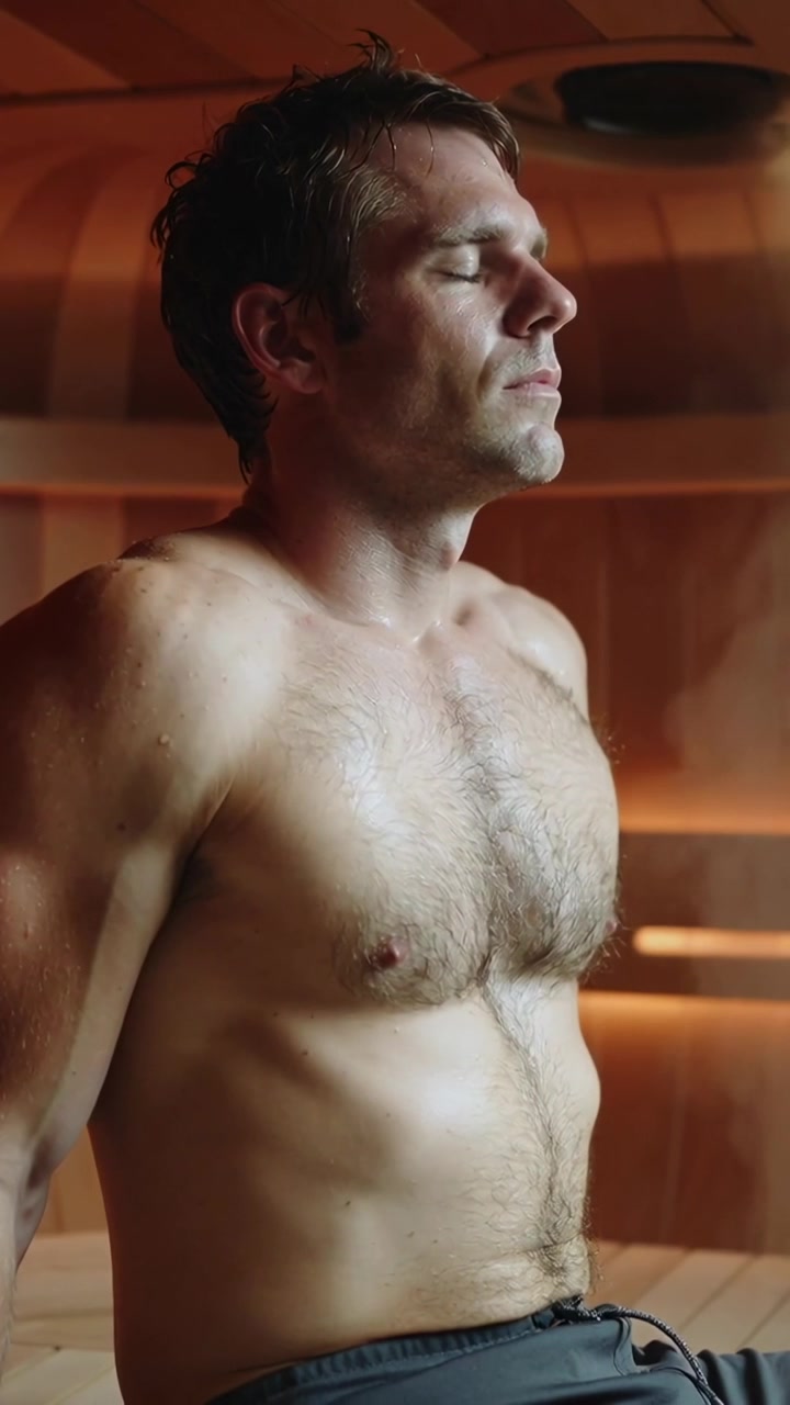 Video verticale: Uomo seduto che respira lentamente con il calore che sale nella sauna, in costume da bagno con una clip.