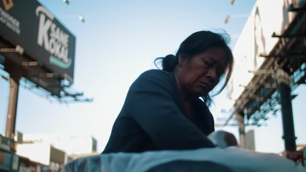 A woman digs through a dumpster on a bustling city street under clear skies, searching for usable items. Surrounding billboards showcase advertisements, highlighting urban life.