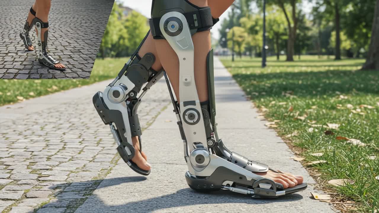 Innovative Robotic Leg Braces Aid Mobility in Rehabilitation, Showcasing Advanced Engineering for Enhanced Movement in Prosthetics on a Scenic Pathway