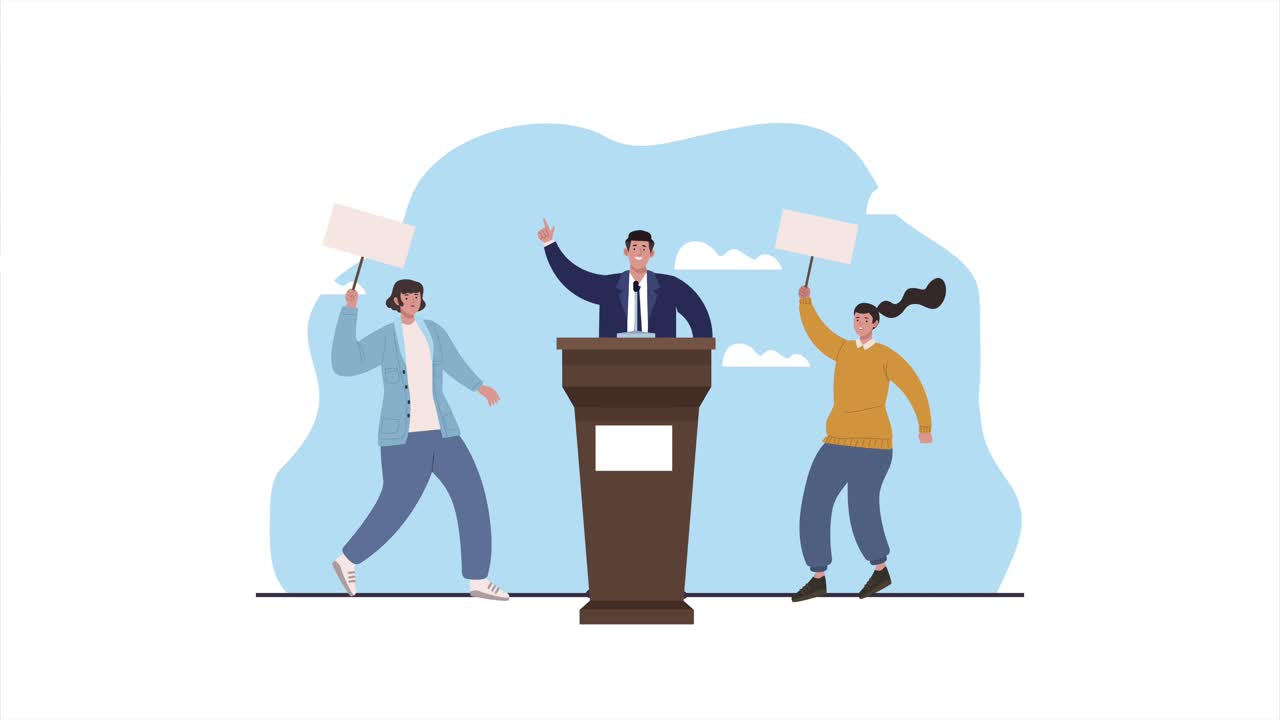 연설 포디움과 사람들 장면의 후보자와 함께 선거 날 애니메이션