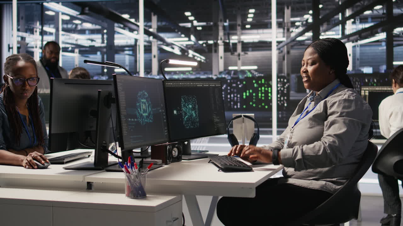 Vertical video Data center developer doing software updates, looking at watch