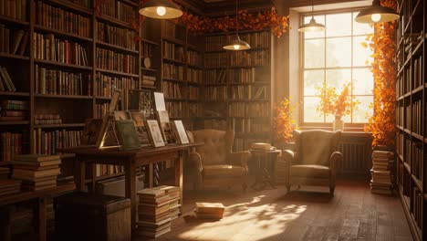 cozy autumn library with warm sunlight and books