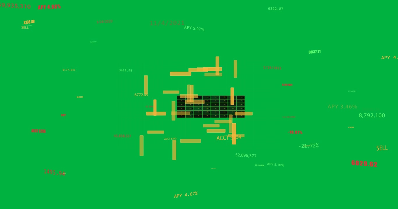 Orange bars sliding after data update, forming grid, showing APY totals on transparent backdrop
