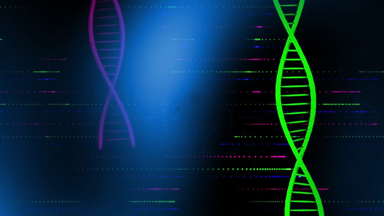 Blue glow sweeping left, purple green helices moving revealing math diagrams through glitch lines