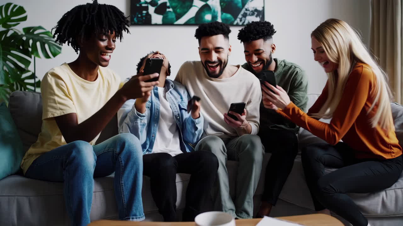 Group of Diverse Friends Sharing Laughter and Content on Smartphones