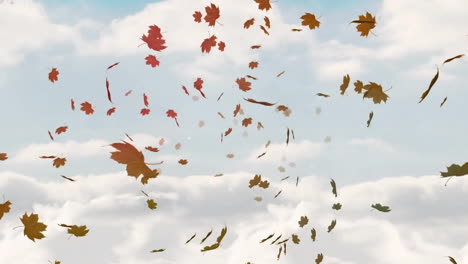 animation of falling leaves over dense clouds against blue background