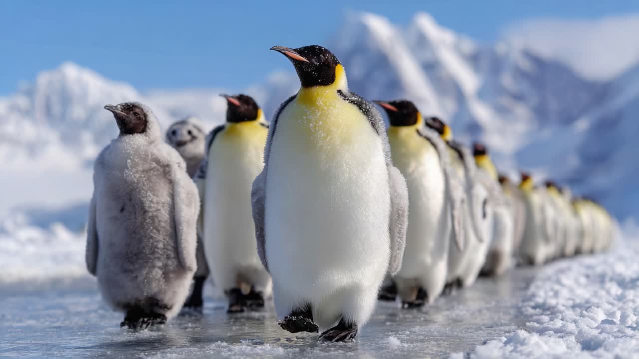 A Charming Parade of Emperor Penguins Marching Across the Icy Landscape, Showcasing Their Resilience and Social Cohesion in a Breathtaking Polar Environment
