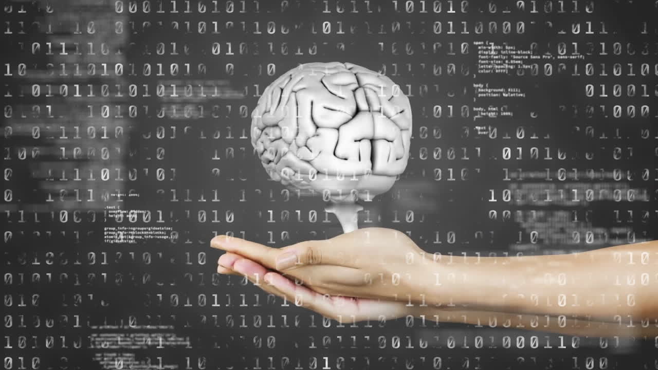 animación del cerebro humano y codificación binaria, procesamiento de datos científicos
