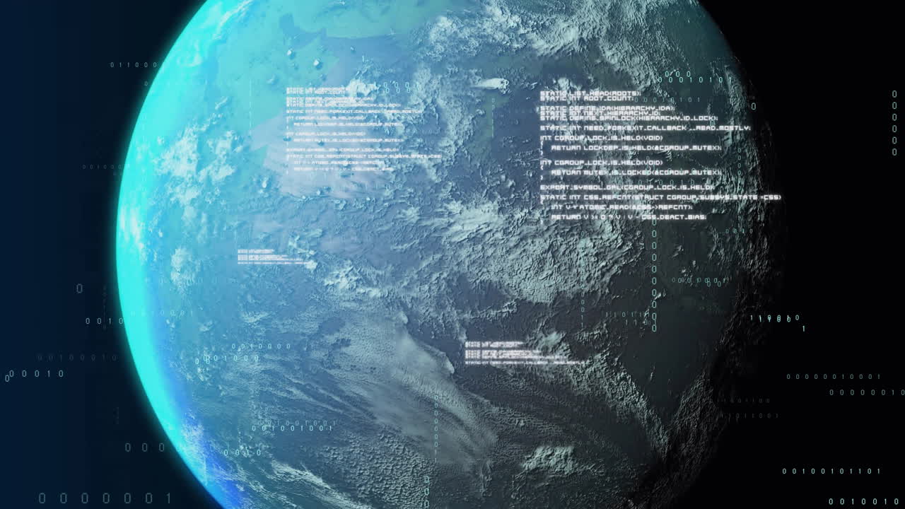 Animation of data processing and globe over black background