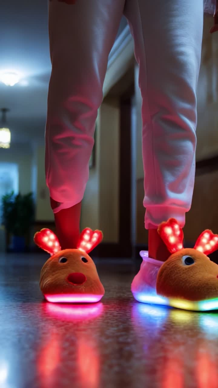 A whimsical pair of illuminated reindeer slippers brings joy and cheer to an indoor setting, casting colorful reflections on the polished floor as they light up the hallway with festive spirit