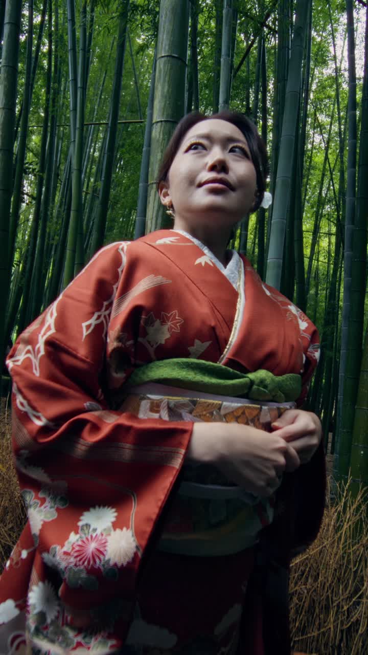 Woman in Kimono in a Bamboo Forest