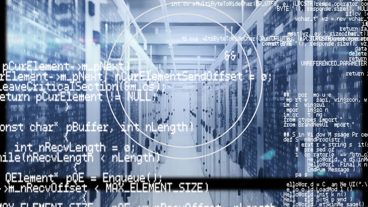 Animation of circular banner with copy space and data processing over computer server room