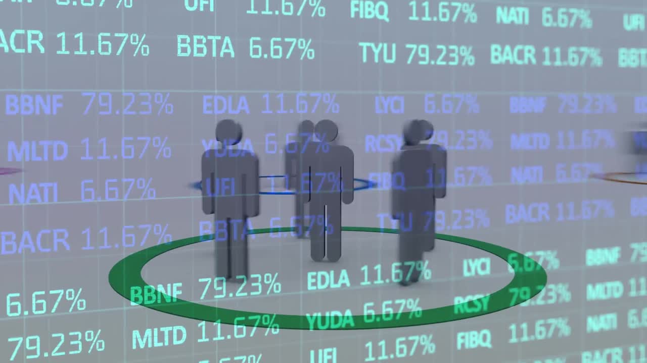 Animation of network of connections with people icons and financial data processing
